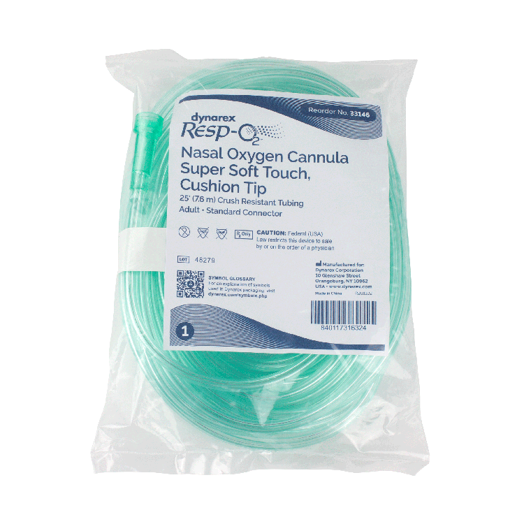Dynarex Resp-O2 Nasal Oxygen Cannula, Super Soft Touch w/ Cushion Tips (25 Count)