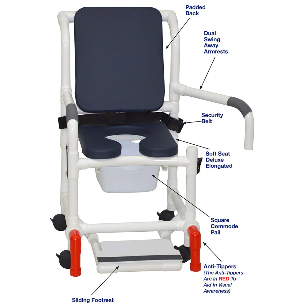 MJM International 118-3TW-SSDE-CBP-AB-DDA-SF-10-QT-C-BB-AT Shower Chair With Soft Seat Deluxe Elongated, Cushion Back, Dual Swing Away Armrests, Sliding Footrest, Square Pail, Safety Belt And Anti-Tippers