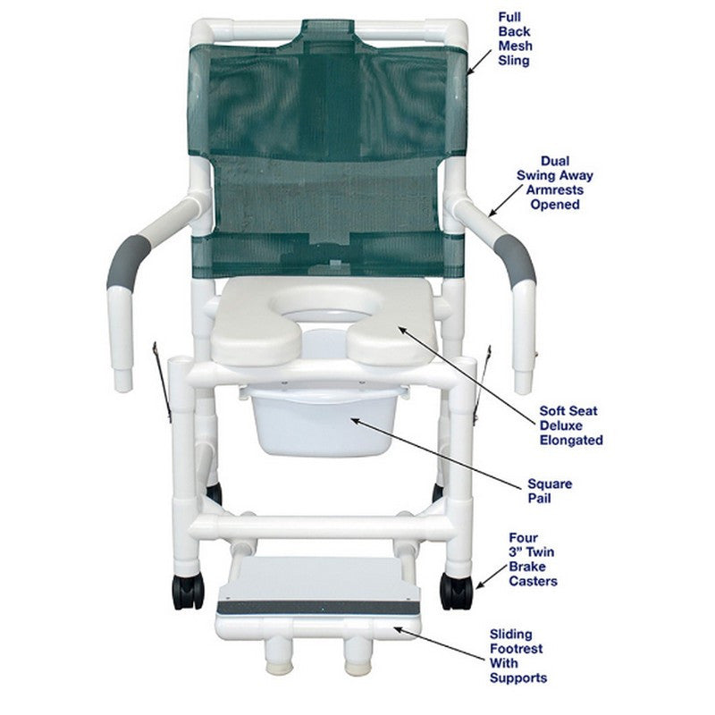MJM International 118-3-SSDE-DDA-SFS-SQ-PAIL Shower Chair w/ Drop Arms, Slide Out Footrest Commode Pail, 300 lbs Capacity