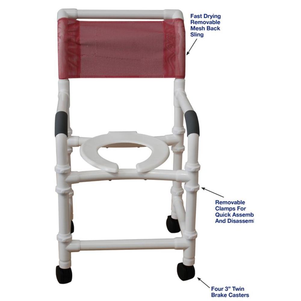 MJM International 118-3TW-KD New Knocked Down Shower Chair, 18" Internal Width, 3" Twin Casters, Open Front Seat, 300 lbs Weight Capacity