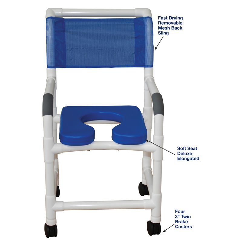 MJM International 118-3TW-SSDE-BL Shower Chair 18" Internal Width, 3" Twin Casters, Blue Open Front Soft Seat, 300 lbs Weight Capacity