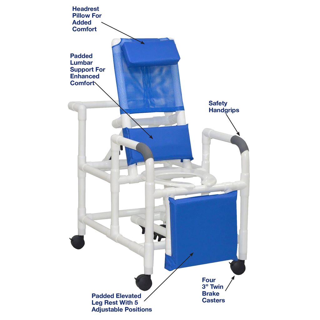 MJM International 193 Reclining Shower Chair Deluxe with Elongated Open Front Commode Seat 325 Lbs Weight Capacity