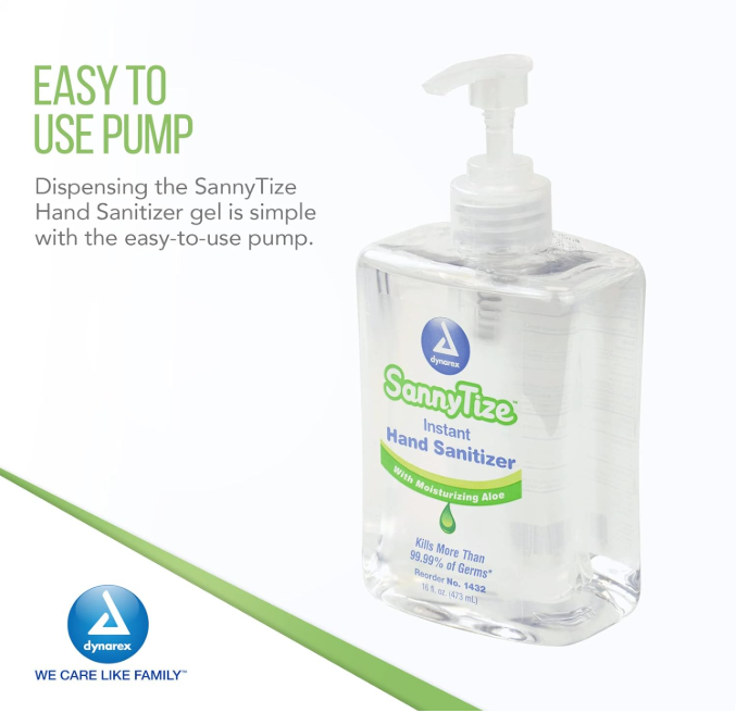 Dynarex SannyTize Instant Hand Sanitizer, 16 oz. Square Pump, 12bot/case (12 Count)