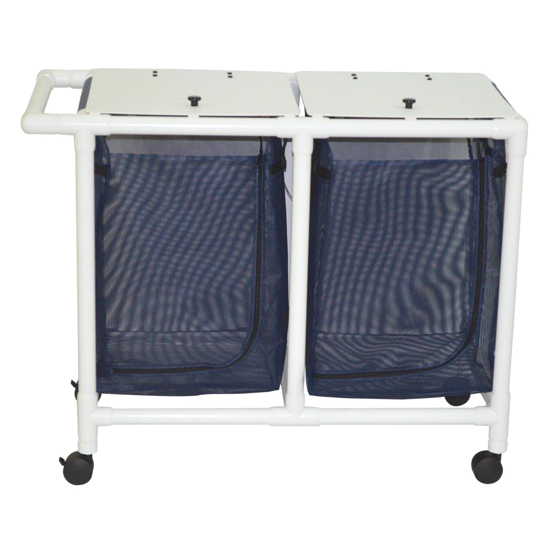 MJM International 218-D Double hamper with mesh bag (43 gallon capacity per bag), 3" twin casters, zipper opening, push/pull handle