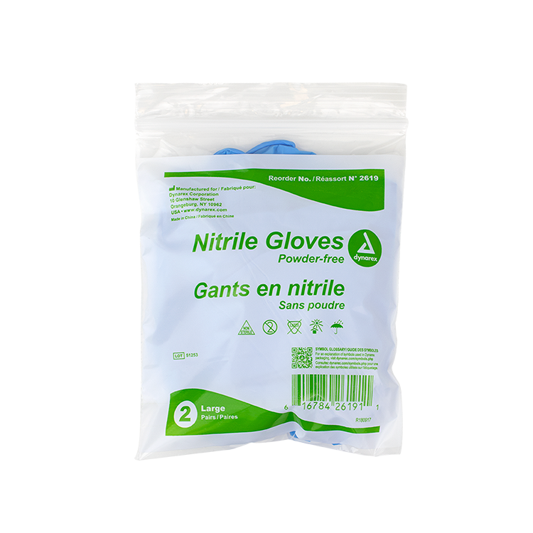 Dynarex Nitrile Exam Gloves In A Bag - Large Powder-Free, Blue - 2prs/bg, 500bgs/cs (1000 Pairs)