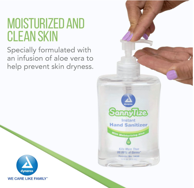 Dynarex SannyTize Instant Hand Sanitizer, 16 oz. Square Pump, 12bot/case (12 Count)