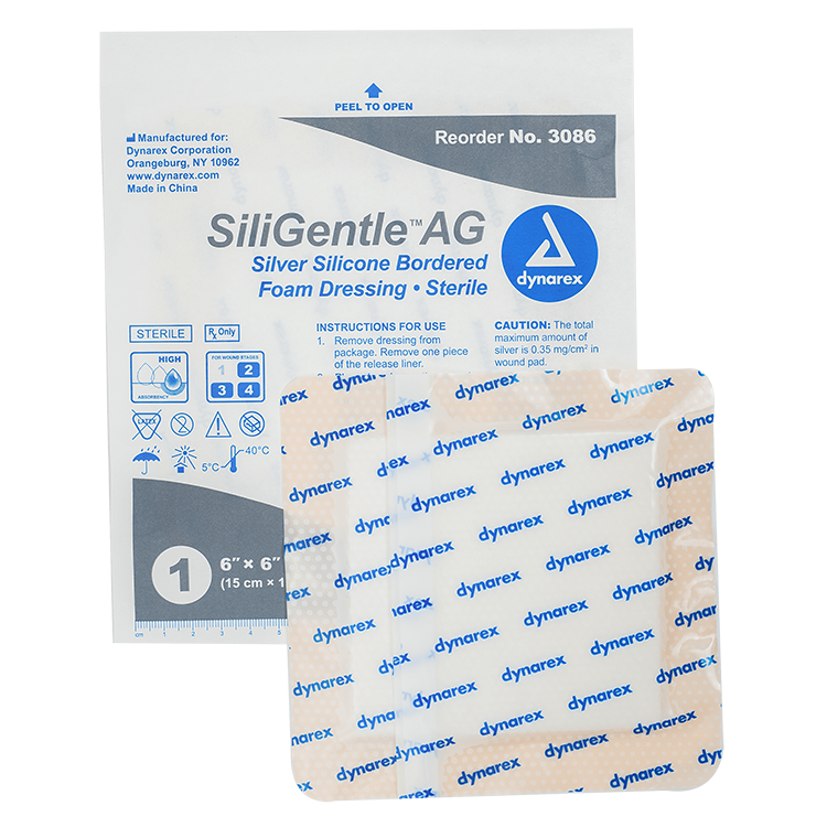 Dynarex SiliGentle AG - Silver Silicone Bordered Foam Dressing, 10ea/bx, 5bxs/cs (50 Count)