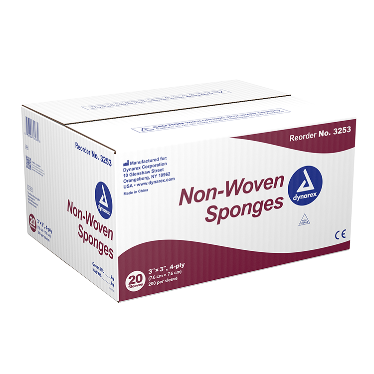 Dynarex Non-Woven Sponge, 3" x 3" 4 Ply 200ea/bx, 20bxs/cs (4000 Count)