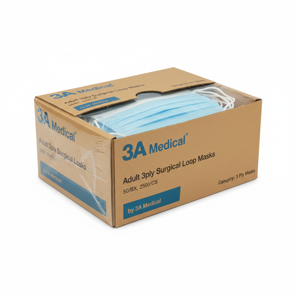 3A Medical Adult 3ply Surgical Loop Masks - 50/BX, 2500/CS - close-up detail shot