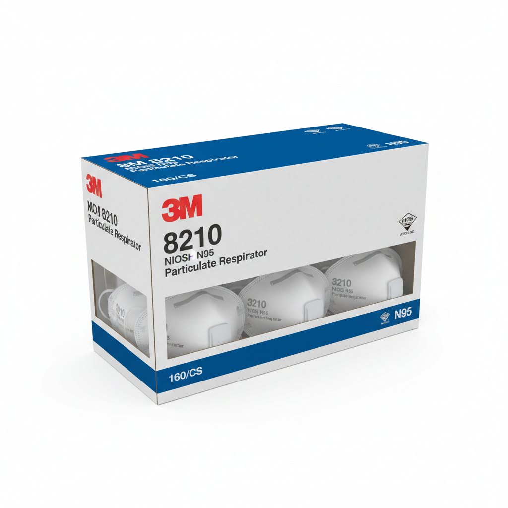 3M 8210 NIOSH N95 Particulate Mask 160/CS - angled view showing packaging