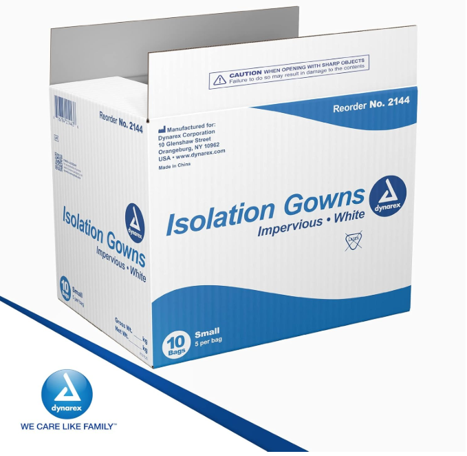 Dynarex Isolation Gown Poly - Coated Barrier, Small - 5ea/bx, 10bxs/case (50 Count)