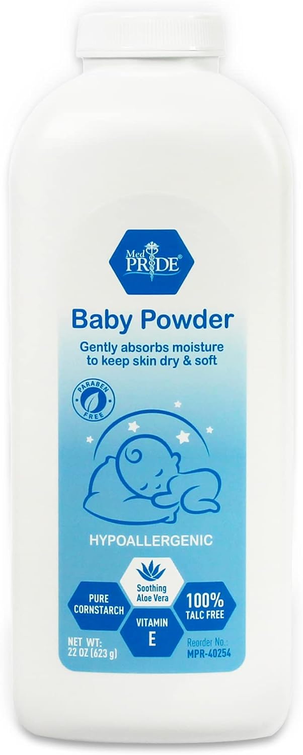 MEDPRIDE Hypoallergenic Talc Free Baby Powder with Seal, Cornstarch Powder with Aloe Vera and Vitamin E - White Bottle - 22 oz, 18/cs.