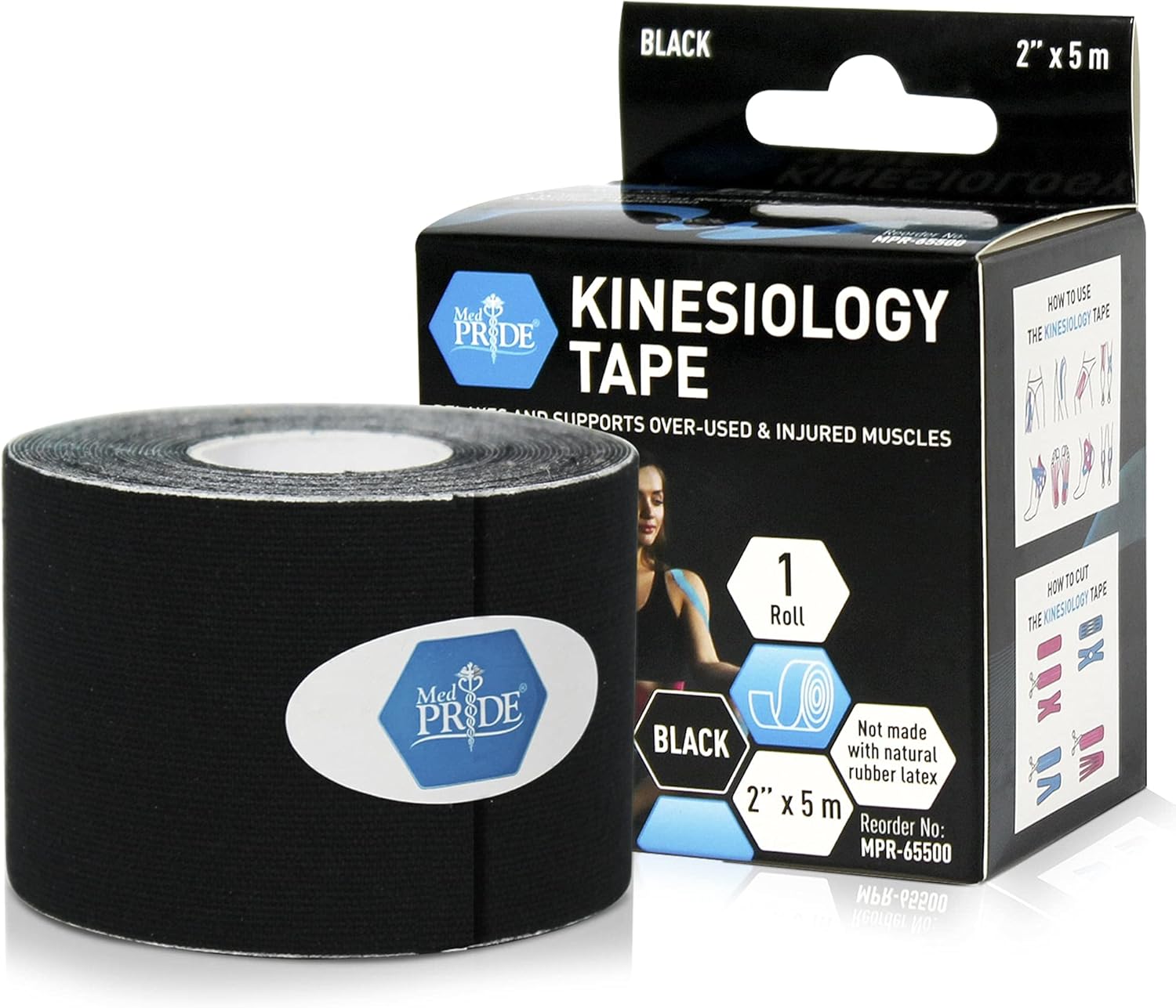 MedPride Kinesiology Tape – Black 2”x5M Latex-Free Athletic Tape for Pain Relief, Injured Muscle Support, 24/Box, Case of 6 (144 Count)