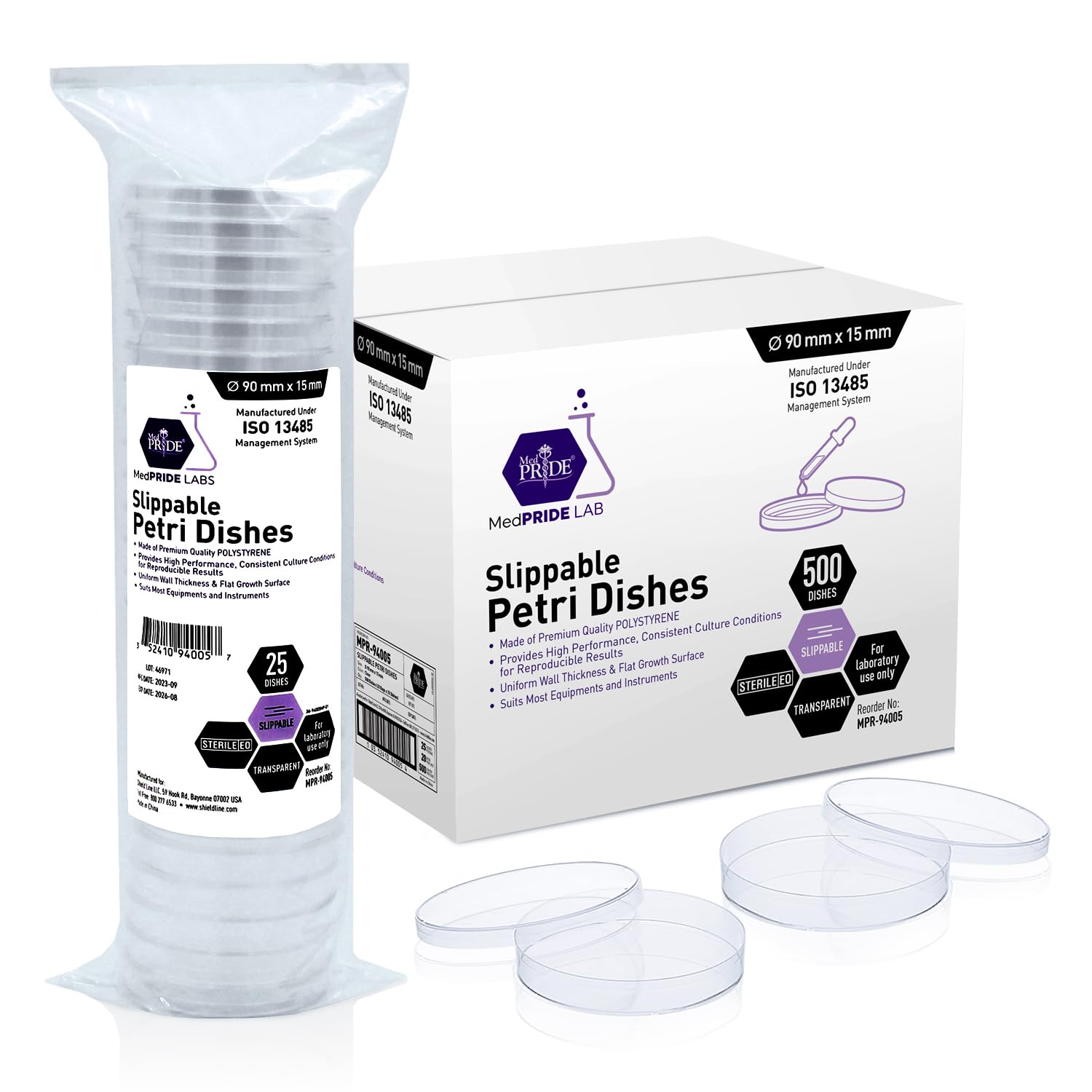 MedPride Slippable Petri Dishes with Lids, Sterile 90mmx15mm - 20 Pack of 25 (500 Count)