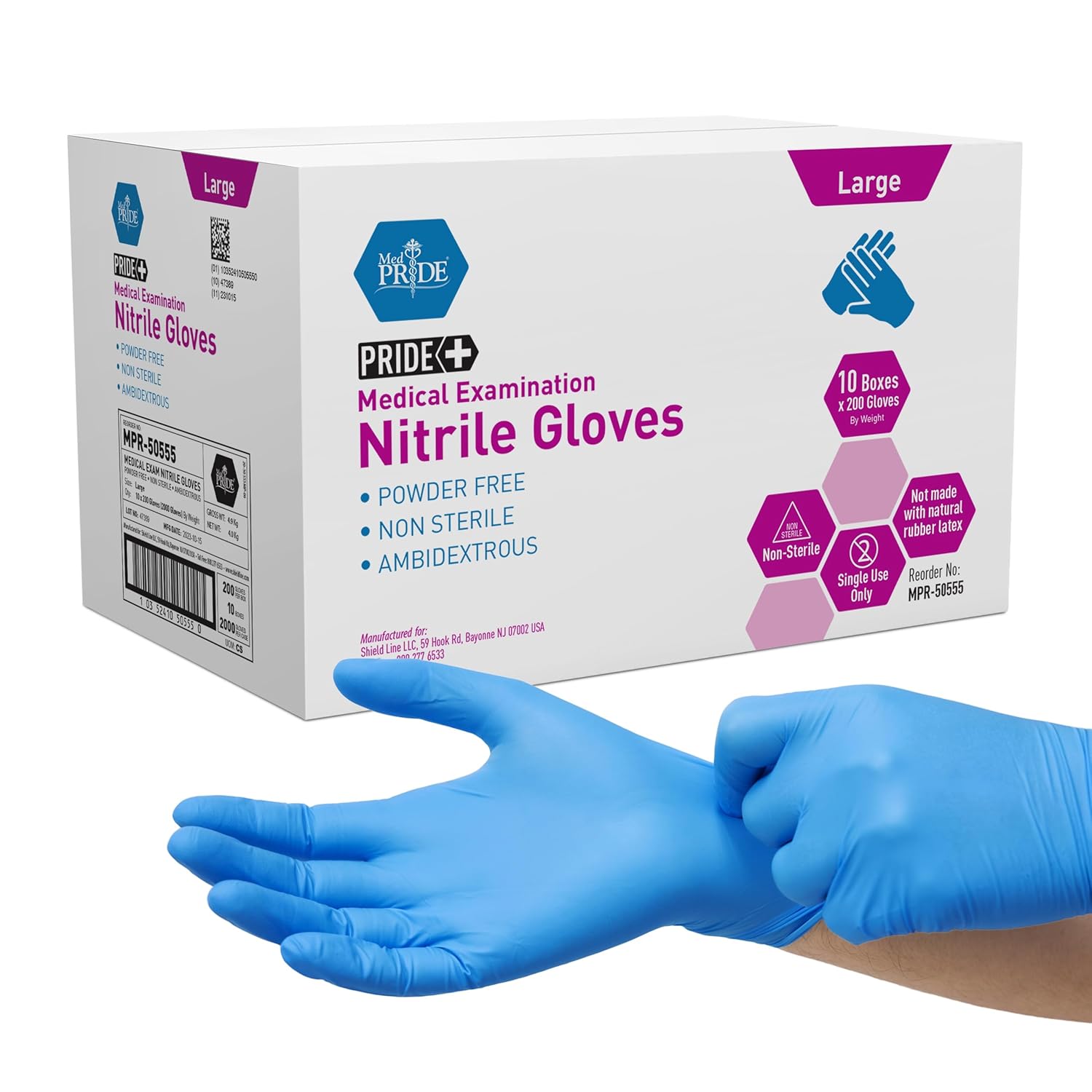 MedPride Nitrile Exam Gloves 4.3 Mil Thick Non-Sterile Powder Free - 180 Gloves / Case of 10 (1800 count)