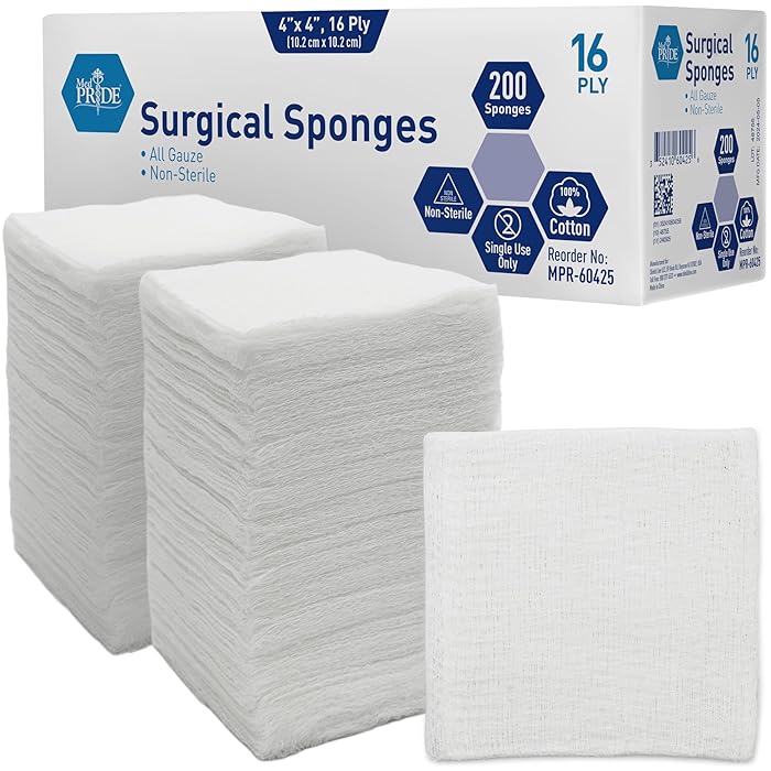 Medpride All Gauze Surgical Sponge Non-Sterile - 4”x 4”, 16-ply Extra Absorbent Sponges, 200/Box, Case of 10 (2,000 Count)