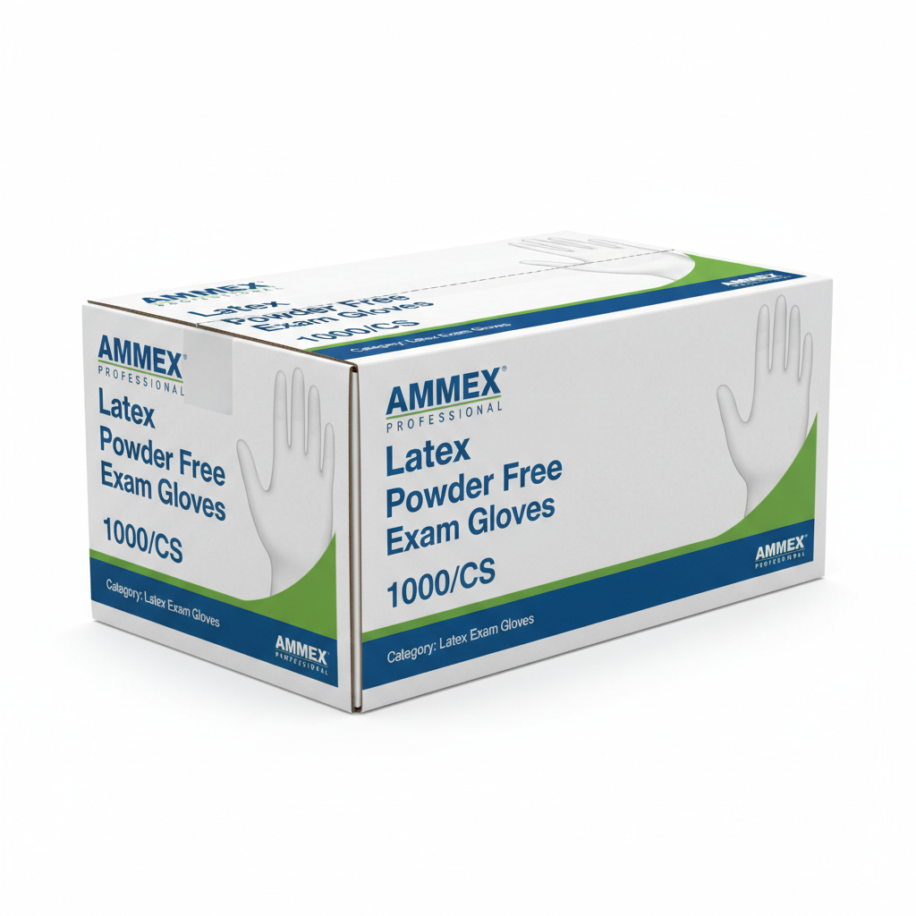 AMMEX Latex Powder Free Exam Gloves 1000/CS - angled view showing packaging