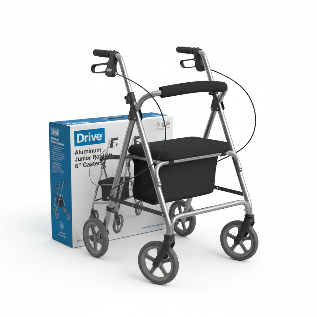 Aluminum Junior Rollator, 6" Casters - angled view showing packaging