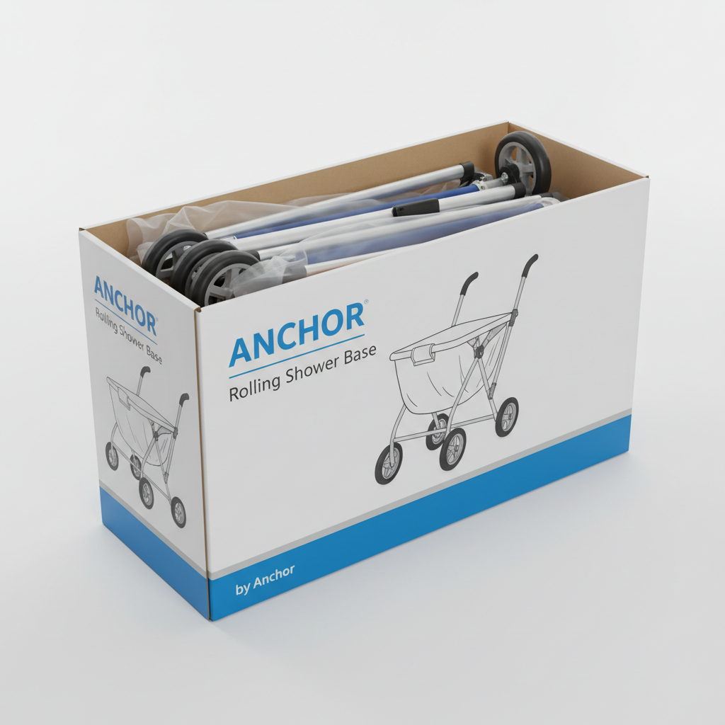 Anchor Rolling Shower Base - angled view showing packaging