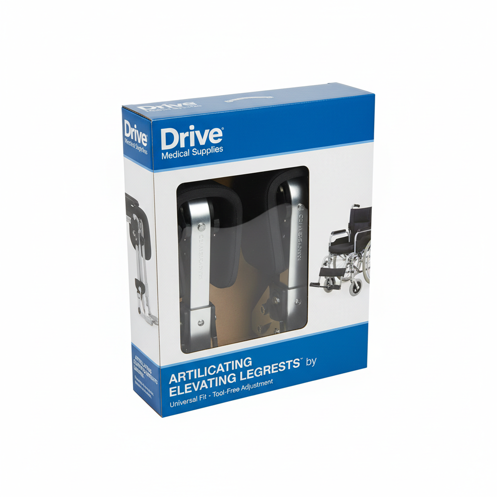 Articulating Elevating Legrests - angled view showing packaging