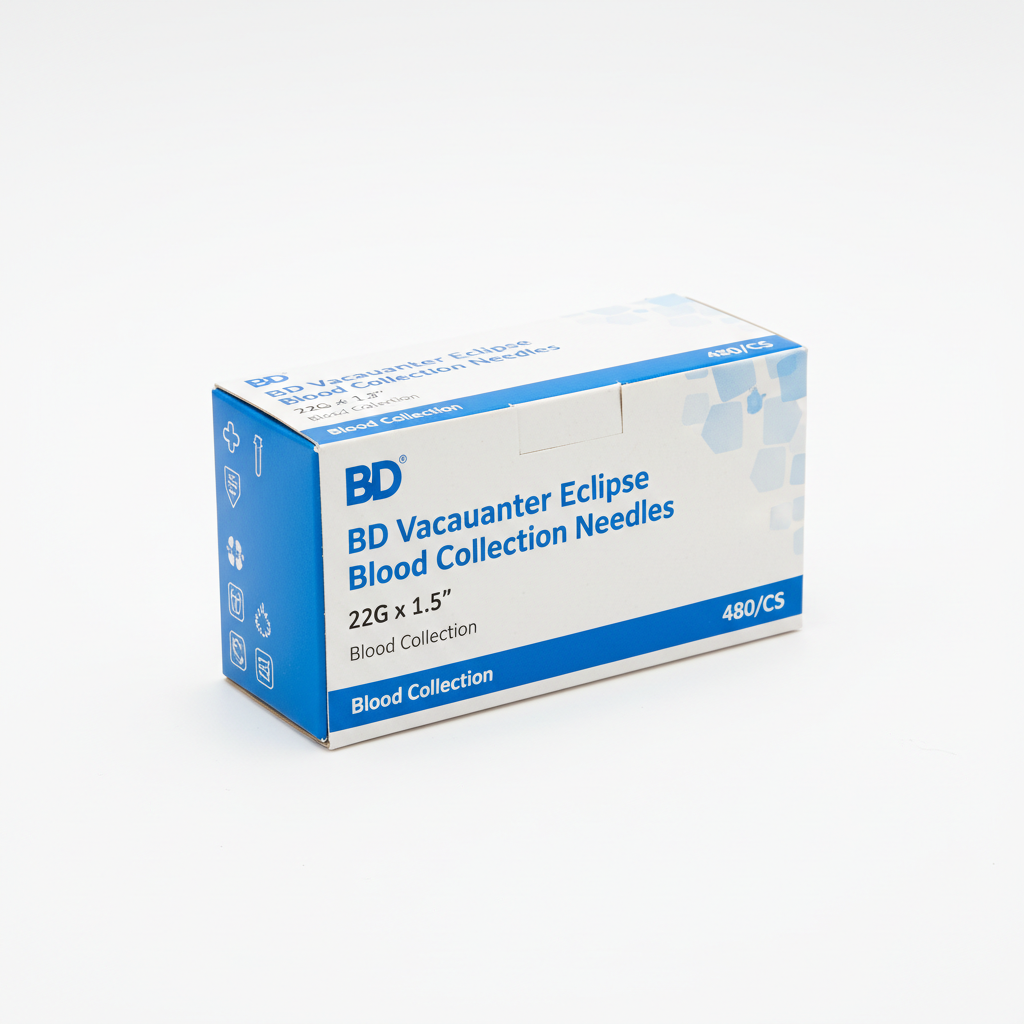 BD Vacutainer Eclipse Blood Collection Needles, 22G x 1.25", 480/CS - angled view showing packaging