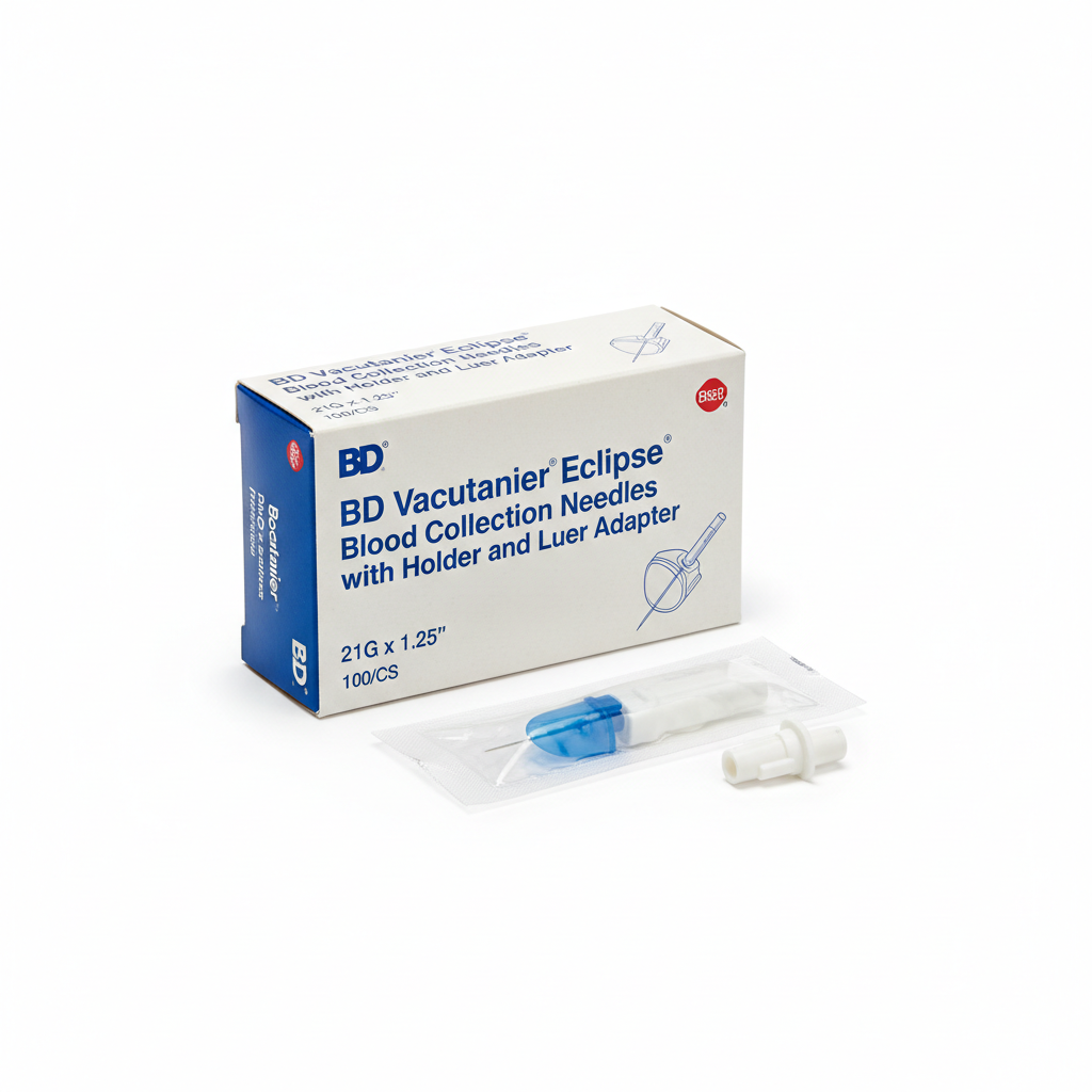 BD Vacutainer Eclipse Blood Collection Needles with Holder and Luer Adapter, 21G x 1.25", 100/CS - angled view showing packaging
