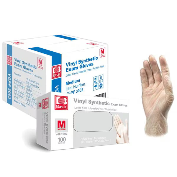 Basic Medical Disposable Vinyl Gloves Powder Free, Latex Free Clear 1000 count