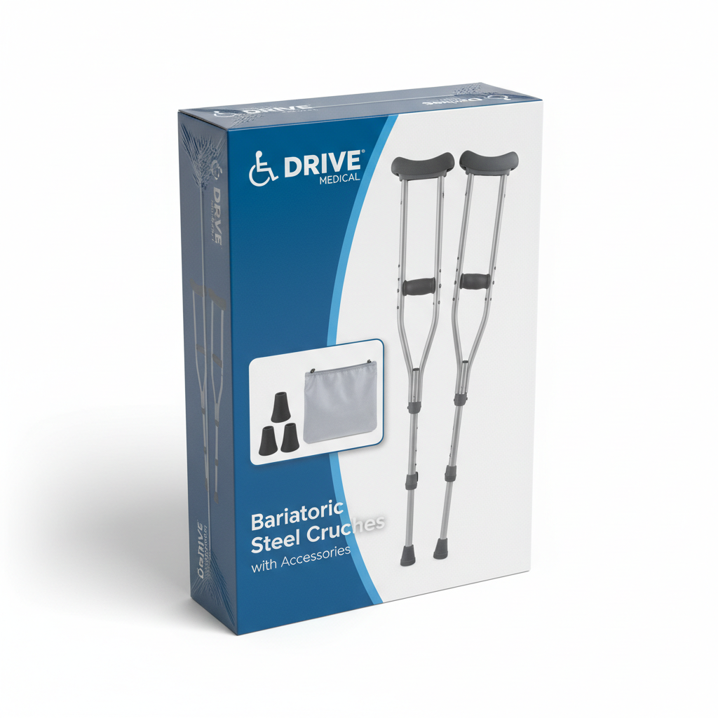 Bariatric Steel Crutches with Accessories - angled view showing packaging