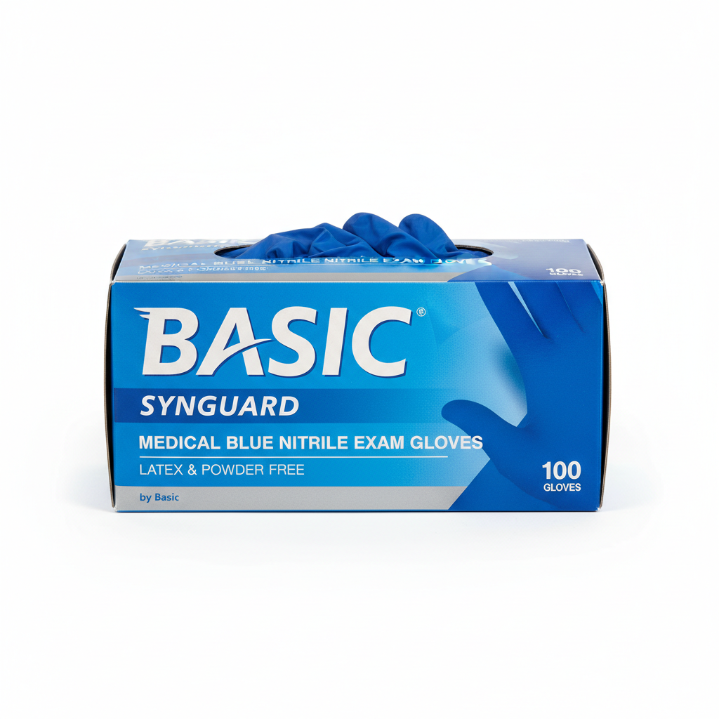 Basic Synguard Medical Blue Nitrile Exam Gloves - Latex & Powder Free - close-up detail shot