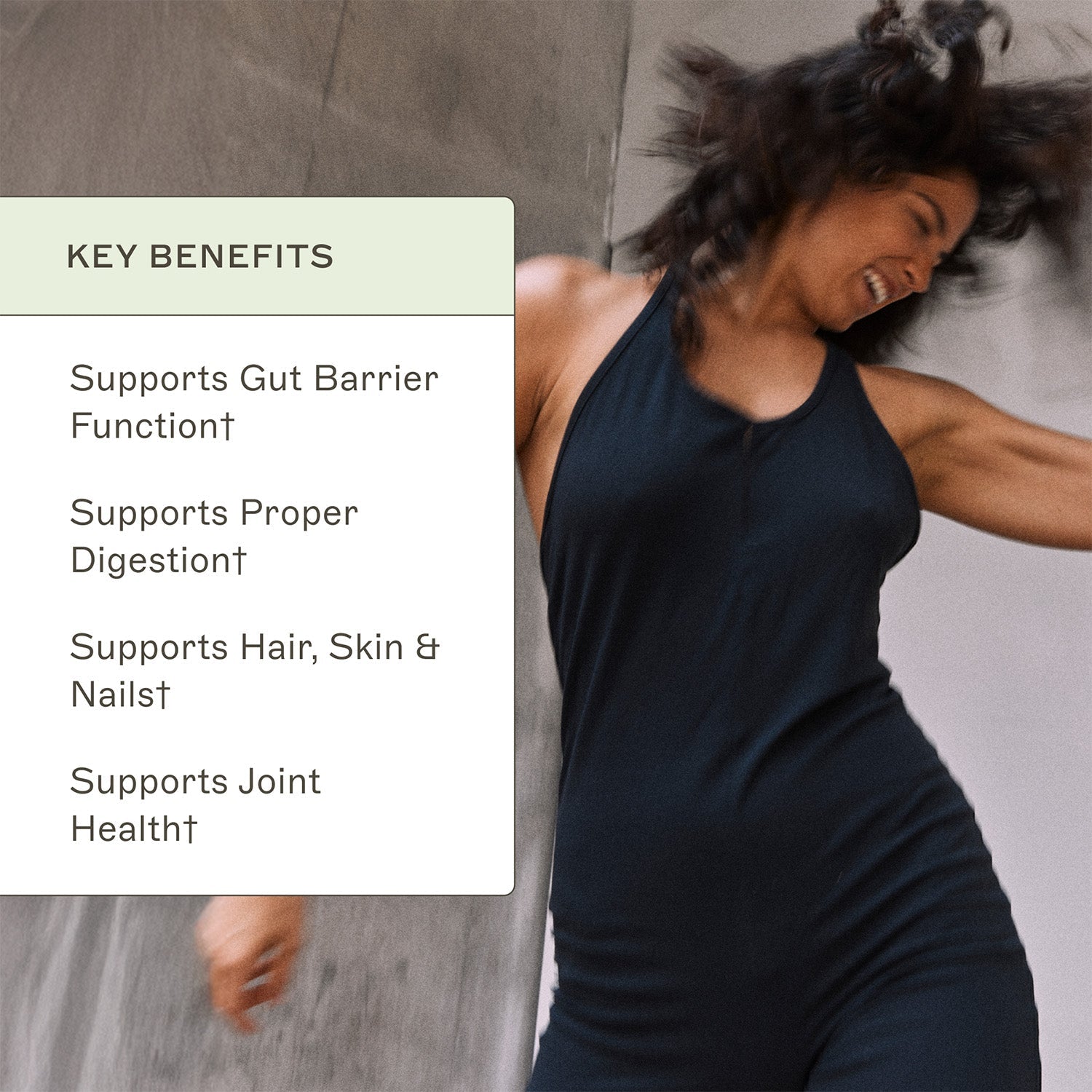 AMMD Collagen Protein Powder Key benefits inforgraphic. 1. Supports gut barrier function†. 2. Supports proper digestion†. 3. Supports hair, skin & nails†. 4. Supports joint health†.