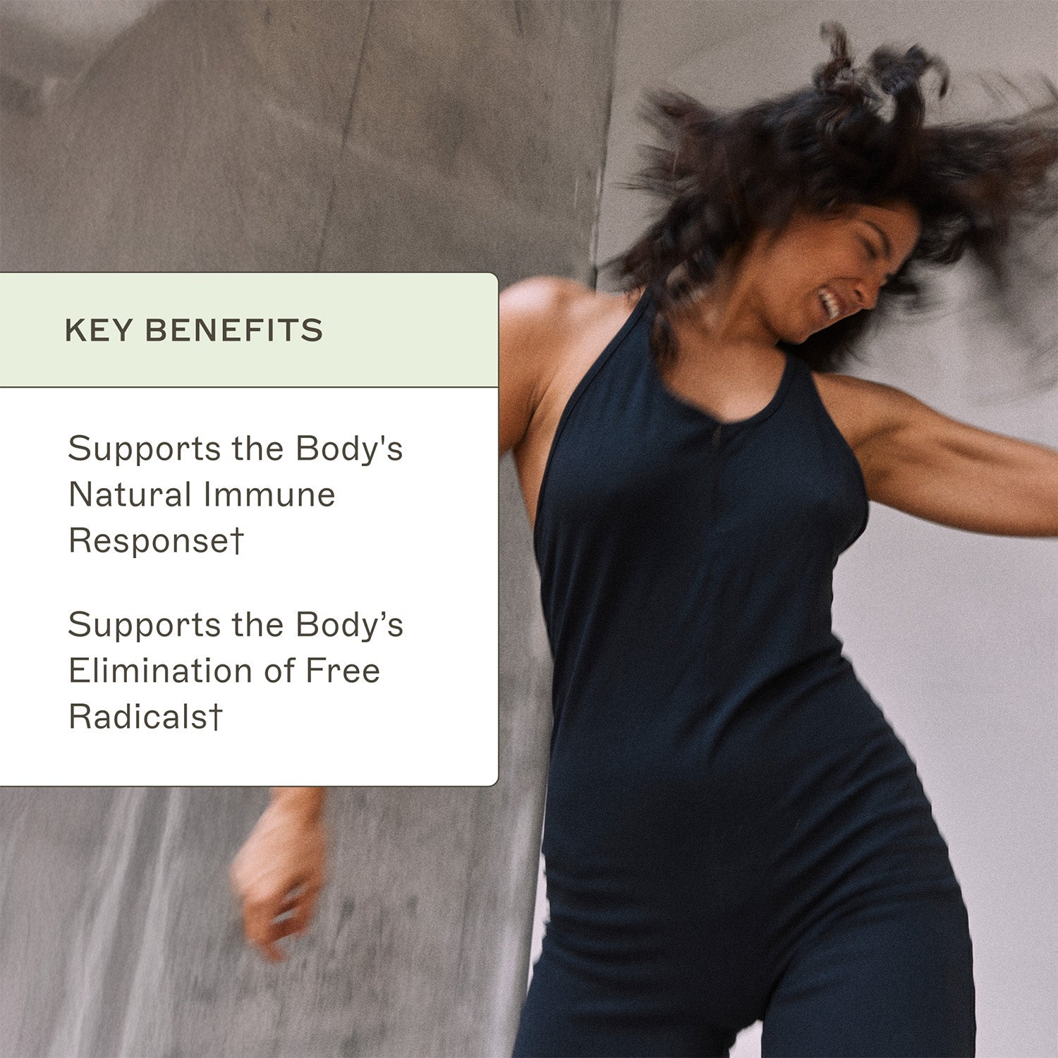AMMD Complete Enzymes Chewable Key Benefits infographic. 1. Supports the Body's natural immune response. 2. Supports the body's elimination of free radicals†.