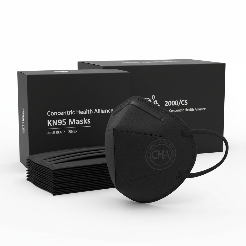 Concentric Health Alliance KN95 Masks Adult CHA Branded BLACK - 20/BX, 2000/CS - close-up detail shot