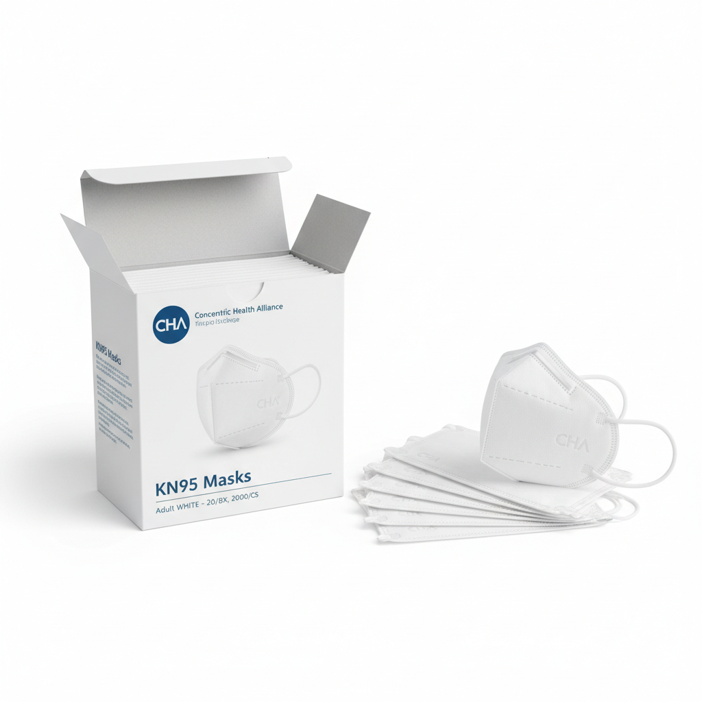 Concentric Health Alliance KN95 Masks Adult CHA Branded WHITE - 20/BX, 2000/CS - close-up detail shot