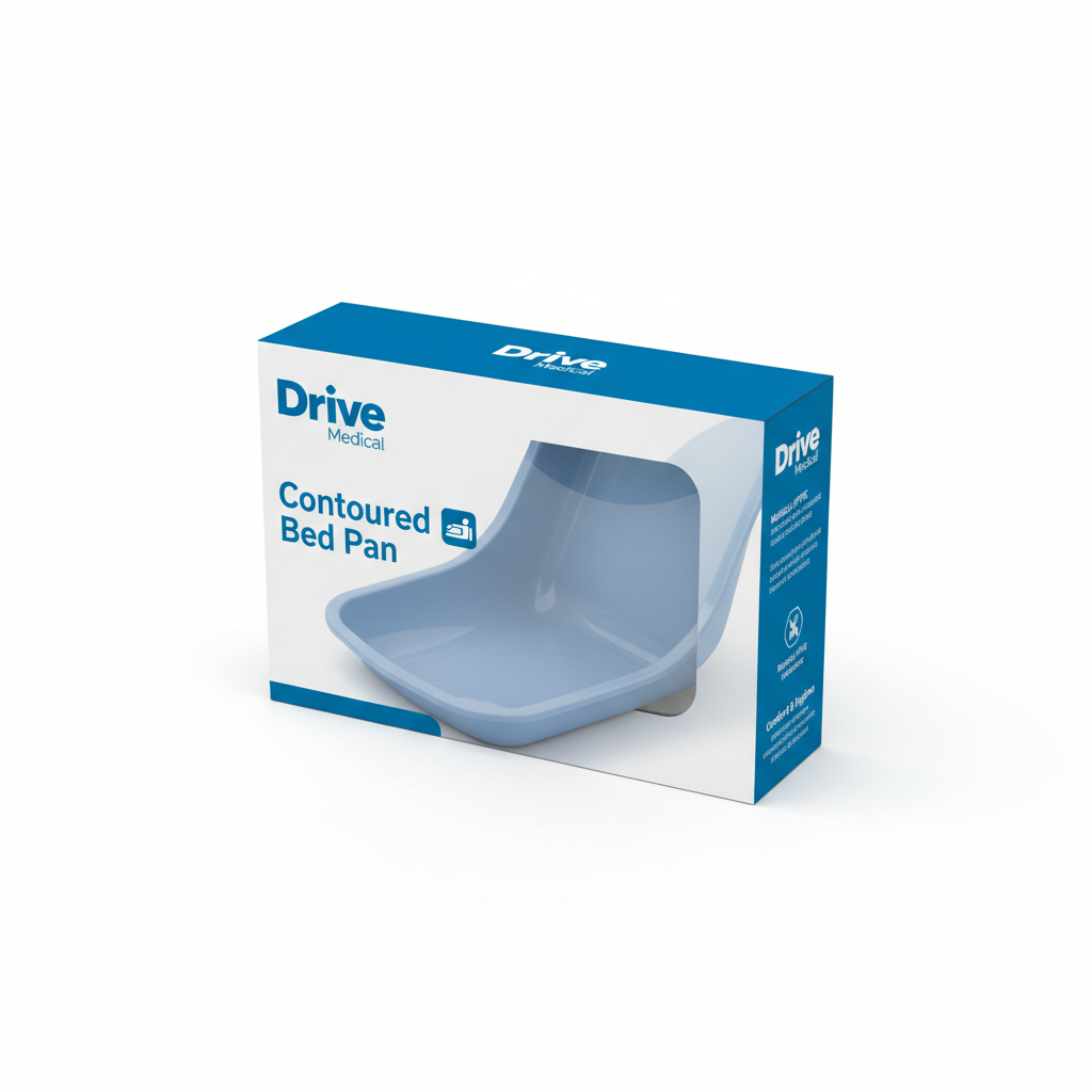 Contoured Bed Pan - angled view showing packaging