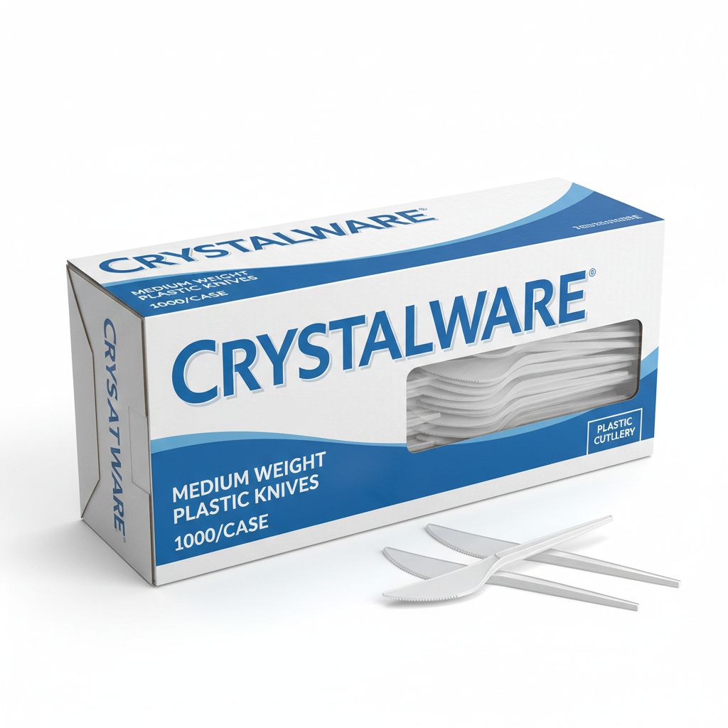 CrystalWare Medium Weight Plastic Knives 1000/Case - angled view showing packaging
