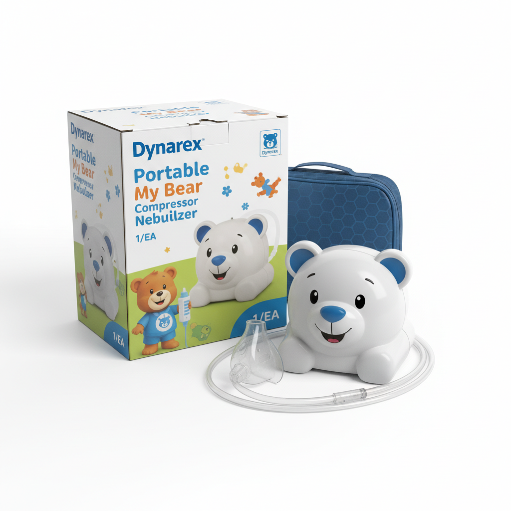 Dynarex Portable My Bear Pediatric Compressor Nebulizer 1/EA - angled view showing packaging