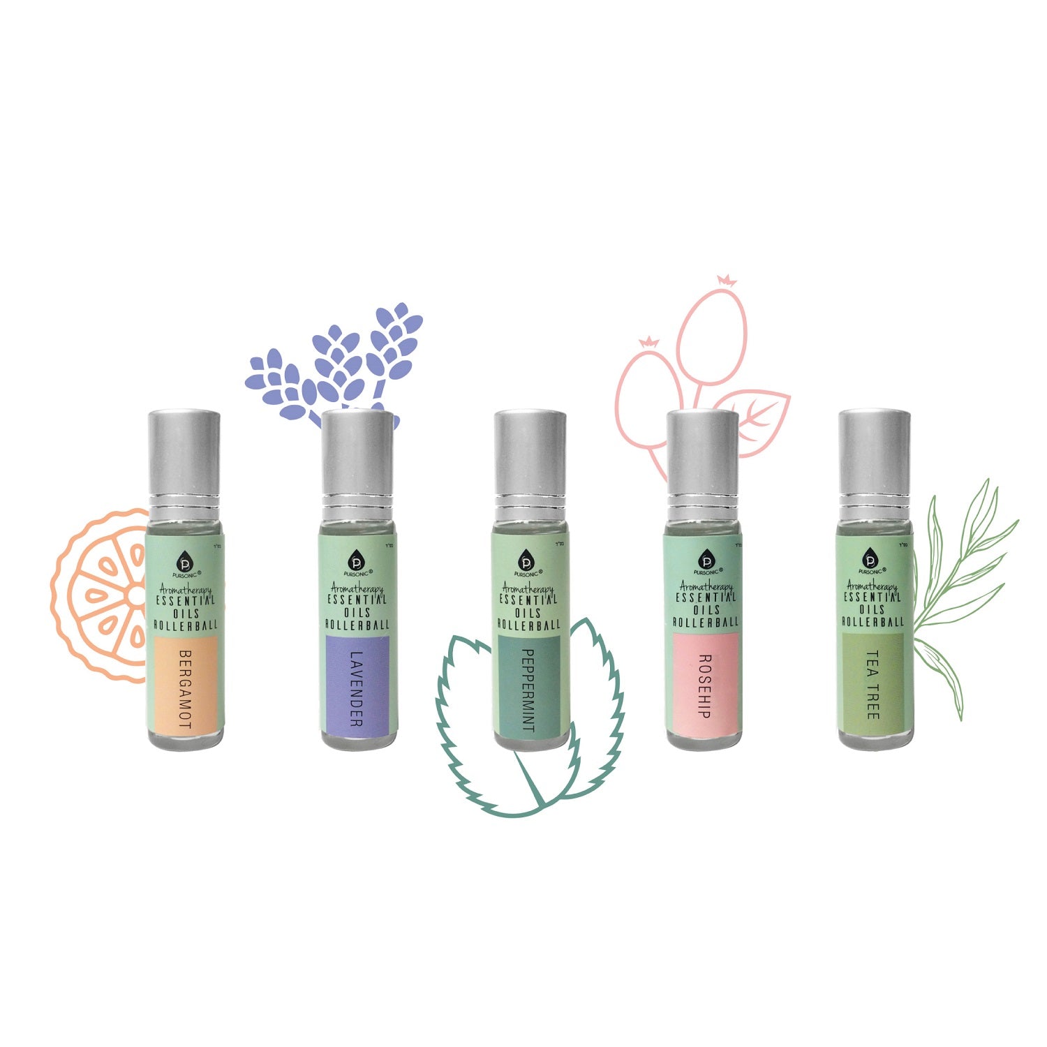 Aromatherapy Essential Oils Rollerballs (Bergamot, Lavender, Peppermint, Rosehip, Tea Tree) by Pursonic