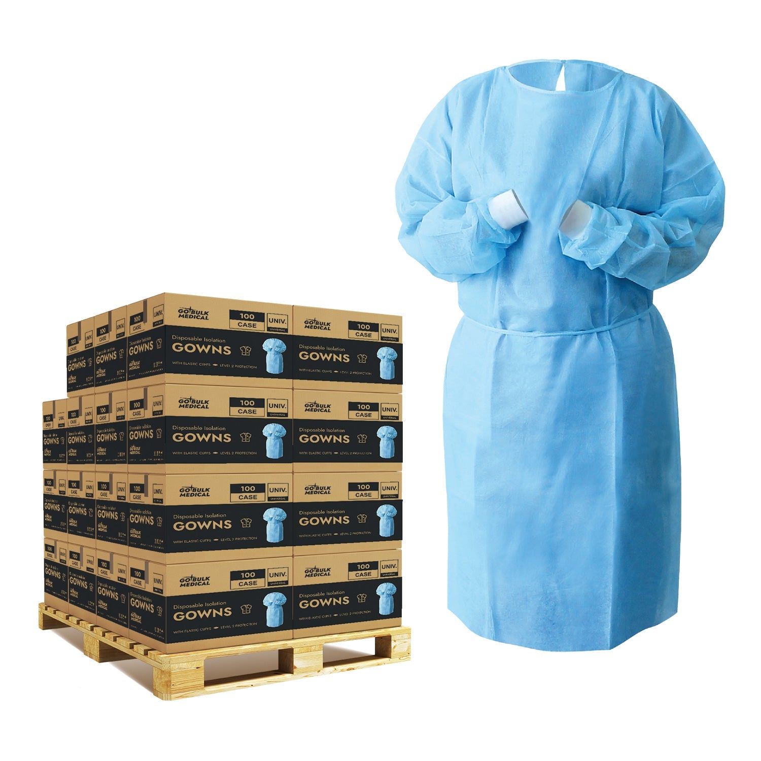 Pallet Disposable Isolation Gowns with Elastic Cuffs - 30 Cases (3,000 Gowns) Blue - Universal Size Level 2 PP/PE - Blue