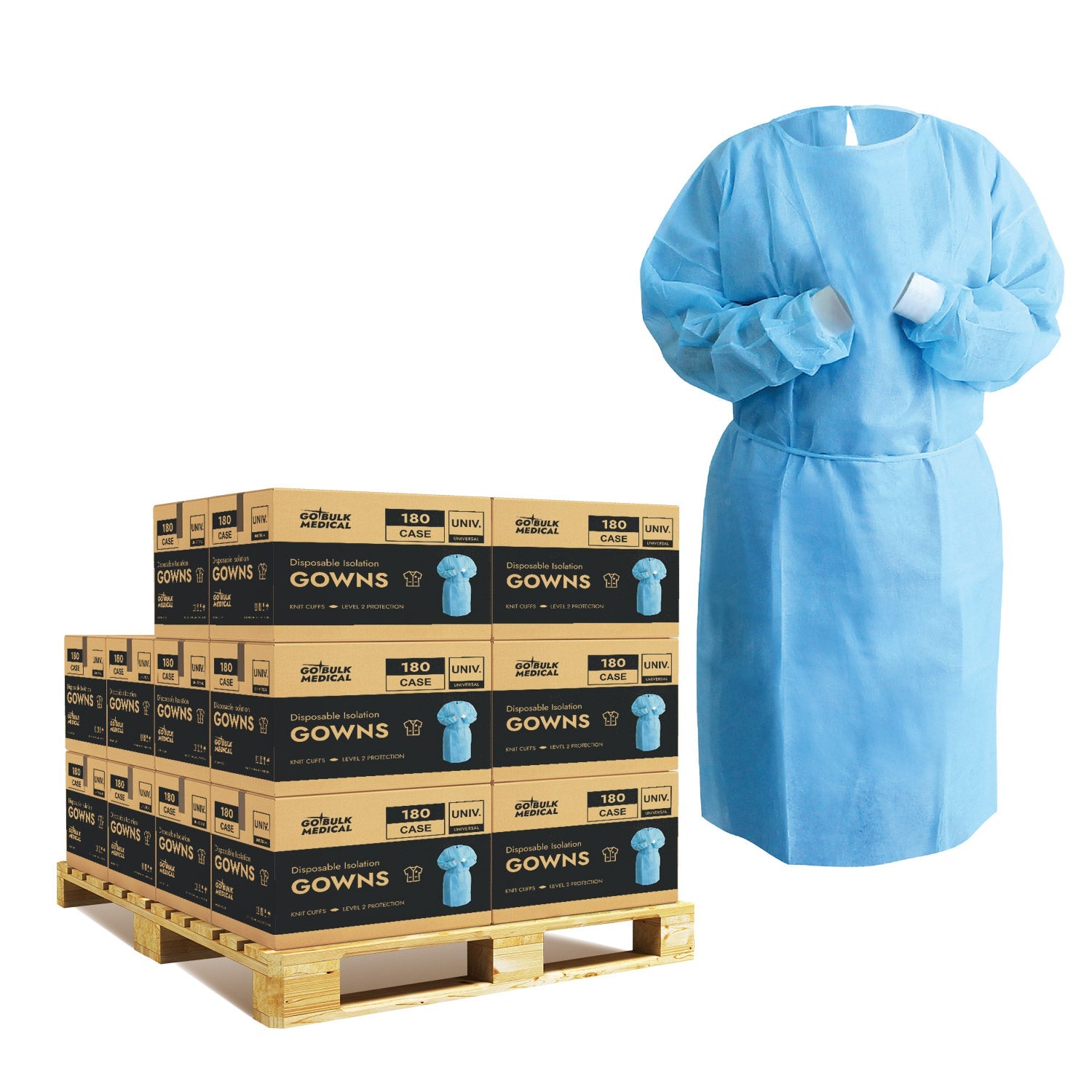 Pallet Disposable Isolation Gowns with Elastic Cuffs - 20 Cases (3,600 Gowns) Universal Size Level 2 SMS - Blue