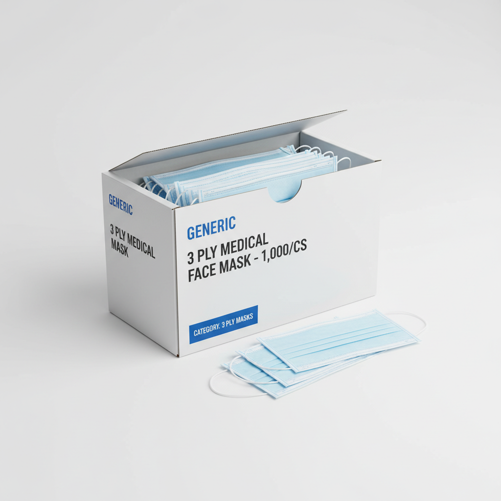 Generic 3 Ply Medical Face Mask - 1,000/CS - angled view showing packaging