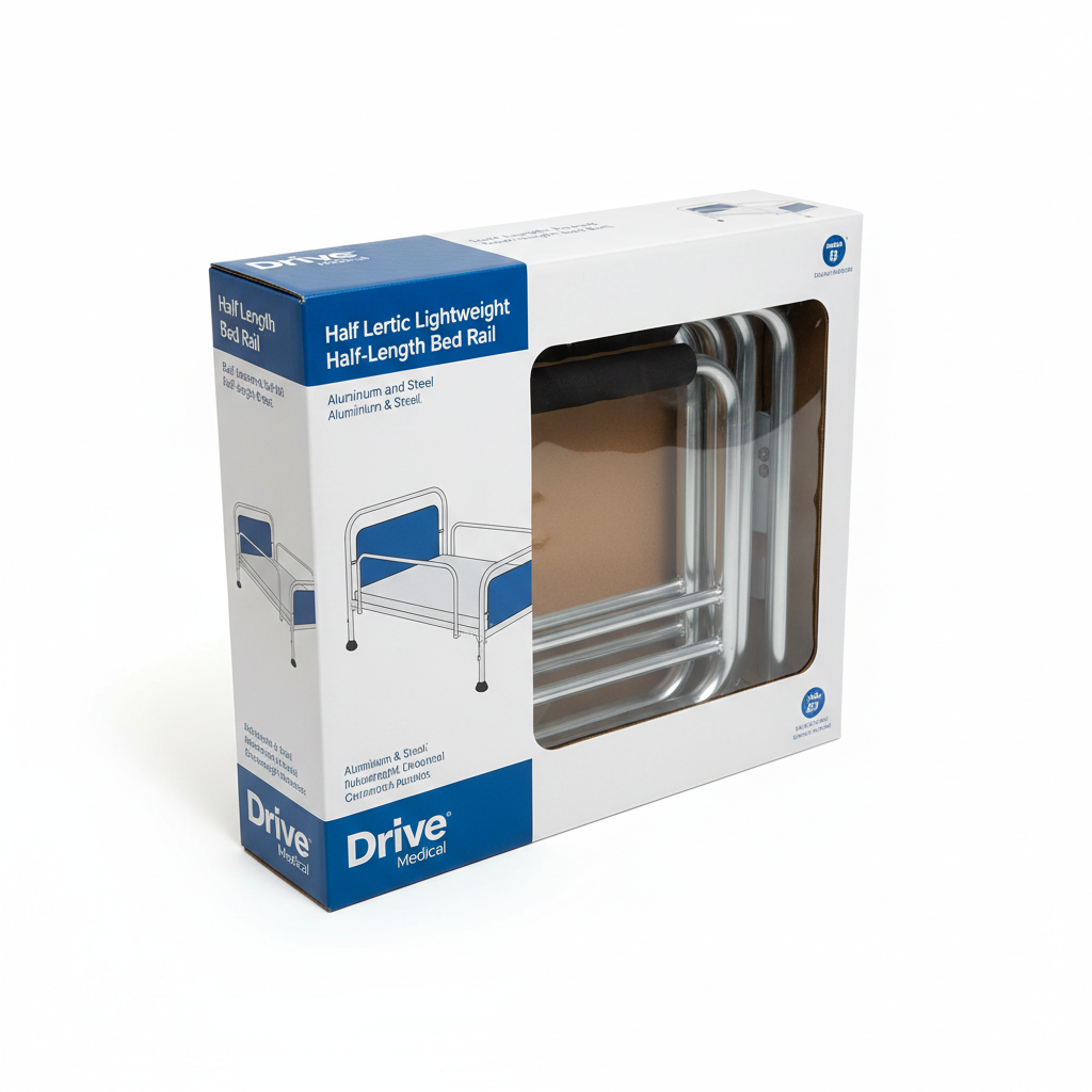 Half Length Bed Rail Bariatric Lightweight Beds - angled view showing packaging