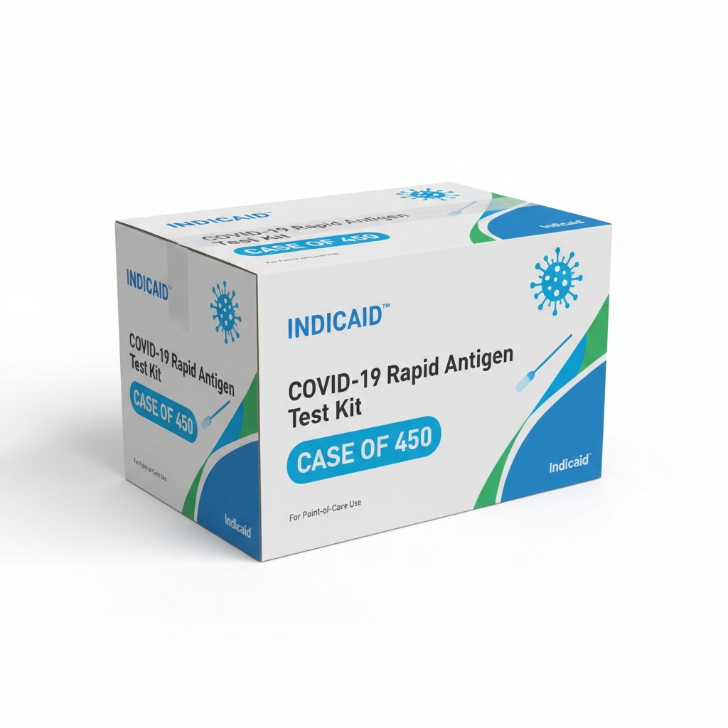 INDICAID™ COVID-19 Rapid Antigen Test Kit - Case of 450 - angled view showing packaging