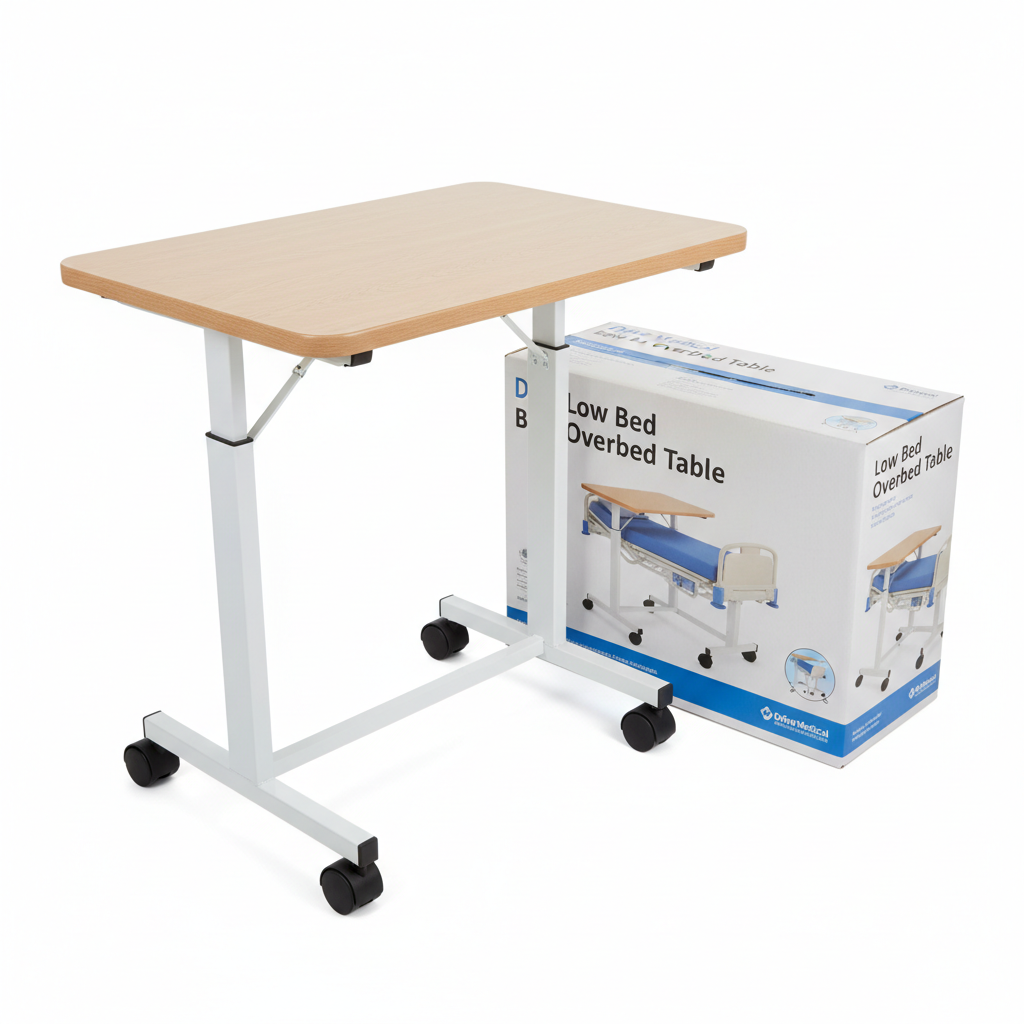 Low Bed Overbed Table - angled view showing packaging