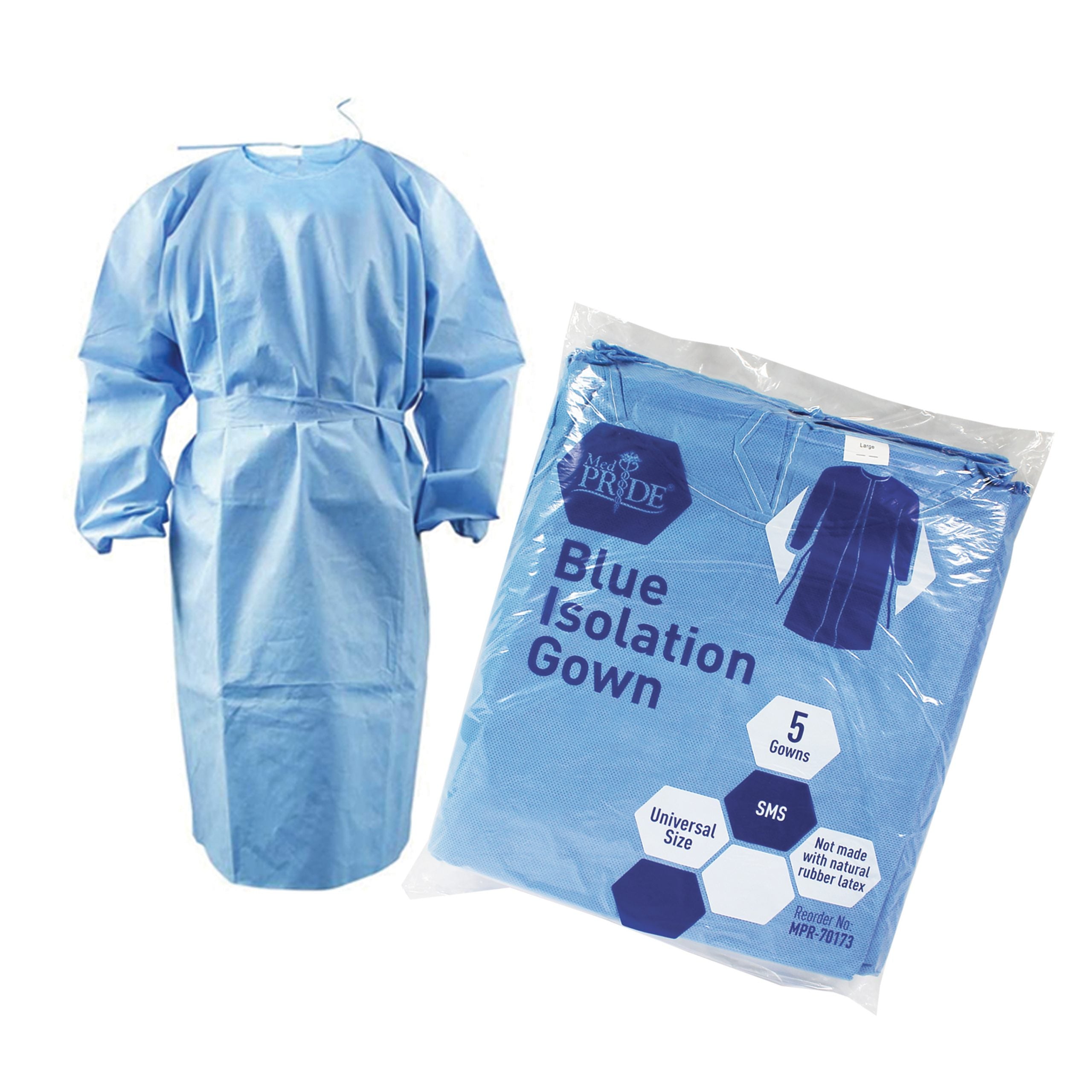 MedPride Protective Isolation Gowns Impervious, Universal Size - Blue - 5 Gowns/Pack, Case of 10 (50 Count)