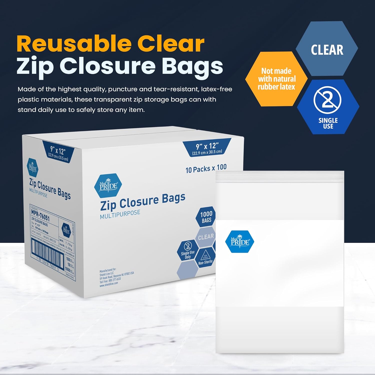 MedPride Reusable Clear Zip Closure Bags, Size 9" x 12", 100 Bags, Case of 10 (1000 count)