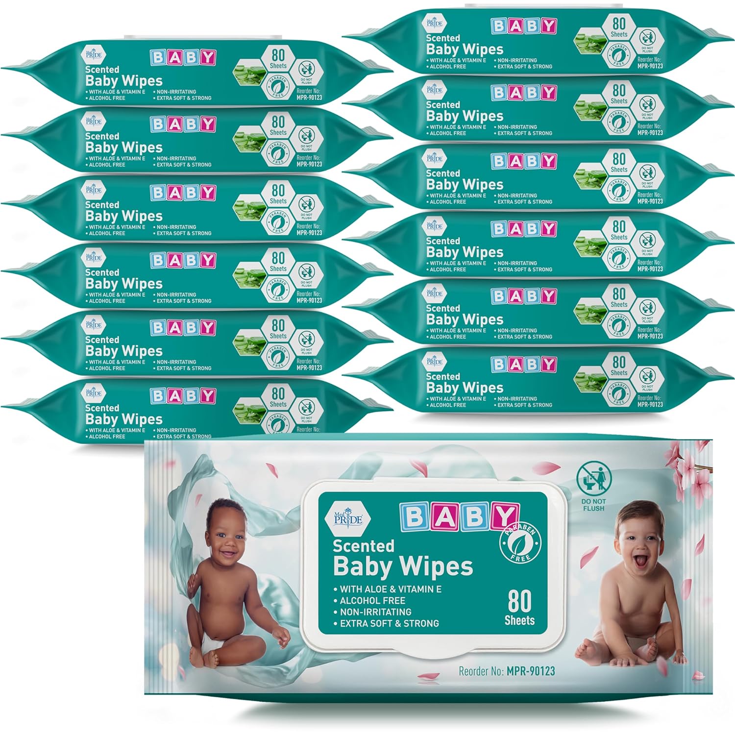 MedPride Baby Wipes, Scented with Aloe Vera and Vitamin E, Blue, 6"x7.5" - 80/Pack, Case of 24 (1920 count)
