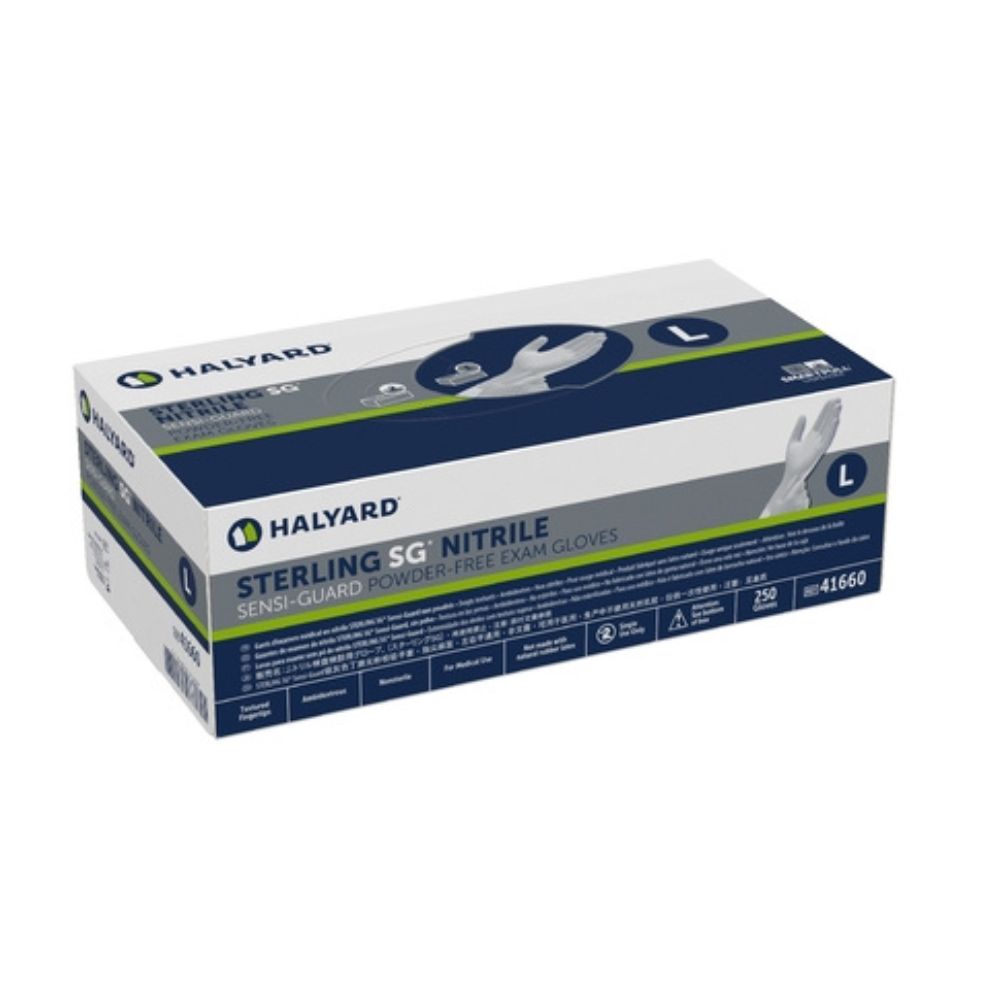 Halyard Exam Glove 2500/Case STERLING SG Large NonSterile Nitrile Standard Cuff Length Textured Fingertips Silver Chemo Tested