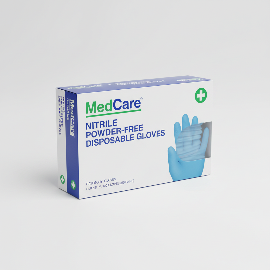 MedCare Nitrile Powder-Free Disposable Gloves - angled view showing packaging