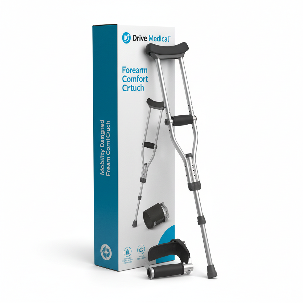 Mobility Designed Forearm Comfort Crutch - angled view showing packaging
