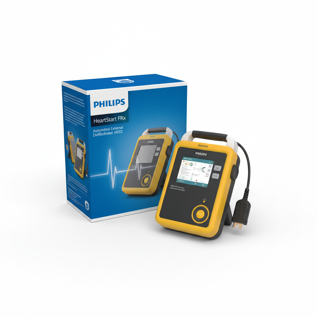 Philips HeartStart FRx Defibrillator - angled view showing packaging